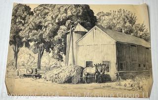 Unframed Charcoal Drawing of Farm Scene Attributed to George Laurence Nelson (1887 - 1978). This was part of a sketch book belonging to the artist and purchased by consignor.  9" x 14" 