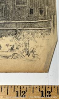 Unframed Charcoal Drawing of Farm Scene Attributed to George Laurence Nelson (1887 - 1978). This was part of a sketch book belonging to the artist and purchased by consignor.  9" x 14" 