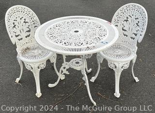 White Three (3) Piece Cast Metal Garden Bistro Set with Cast Table and 2 Chairs 