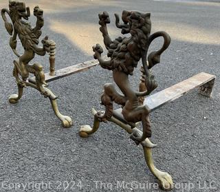 19th Century Cast Brass Rampant Lion Fireplace Andirons with Iron Log Holders