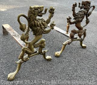 19th Century Cast Brass Rampant Lion Fireplace Andirons with Iron Log Holders