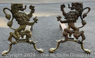 19th Century Cast Brass Rampant Lion Fireplace Andirons with Iron Log Holders