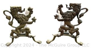 19th Century Cast Brass Rampant Lion Fireplace Andirons with Iron Log Holders