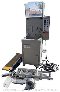 Savy Goiseau Tempo 227 Continuous Tempering Chocolate Enrober Machine with Intake and Outake Belt.