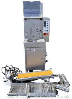 Savy Goiseau Tempo 227 Continuous Tempering Chocolate Enrober Machine with Intake and Outake Belt.