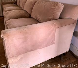 Mid Century Four Seat Sofa Upholstered in Blush Pink Velvet.  99"L x 37"D x 31"T