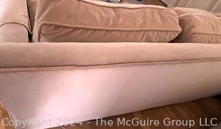 Mid Century Four Seat Sofa Upholstered in Blush Pink Velvet.  99"L x 37"D x 31"T