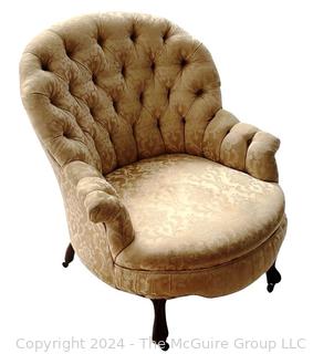 Victorian Button Back Arm Chair on Cabriole Legs Upholstered In Damask Silk. Measures 28w x 23d x 33h"