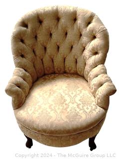 Victorian Button Back Arm Chair on Cabriole Legs Upholstered In Damask Silk. Measures 28w x 23d x 33h"