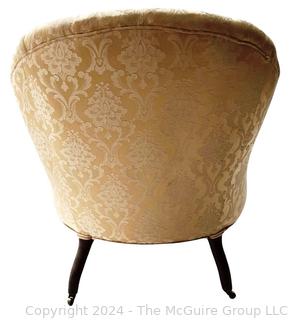 Victorian Button Back Arm Chair on Cabriole Legs Upholstered In Damask Silk. Measures 28w x 23d x 33h"