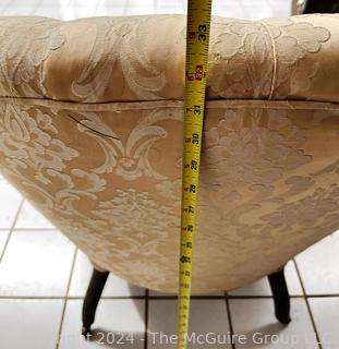 Victorian Button Back Arm Chair on Cabriole Legs Upholstered In Damask Silk. Measures 28w x 23d x 33h"