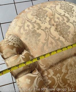 Victorian Button Back Arm Chair on Cabriole Legs Upholstered In Damask Silk. Measures 28w x 23d x 33h"