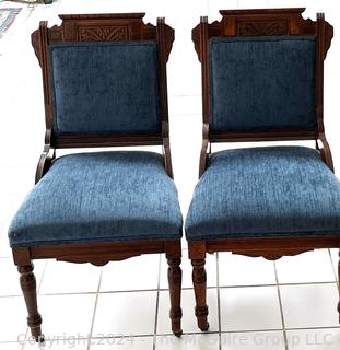 Edwardian Carved Oak Hall Chair with Blue Velvet Upholstery. Measures 20w x 17.5d x 35h"