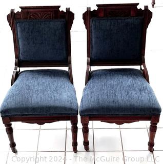 Edwardian Carved Oak Hall Chair with Blue Velvet Upholstery. Measures 20w x 17.5d x 35h"