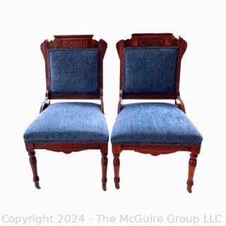 Edwardian Carved Oak Hall Chair with Blue Velvet Upholstery. Measures 20w x 17.5d x 35h"