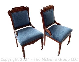 Edwardian Carved Oak Hall Chair with Blue Velvet Upholstery. Measures 20w x 17.5d x 35h"