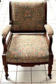 Chippendale Style Tapestry Upholstered Armchair. Measures 25w x 22d x 33h"