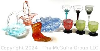 Art Glass Including Fenton Art Glass Baskets, Boot and Bimini Swirl Cordial Glasses