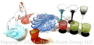 Art Glass Including Fenton Art Glass Baskets, Boot and Bimini Swirl Cordial Glasses