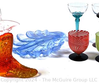 Art Glass Including Fenton Art Glass Baskets, Boot and Bimini Swirl Cordial Glasses