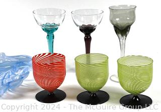 Art Glass Including Fenton Art Glass Baskets, Boot and Bimini Swirl Cordial Glasses