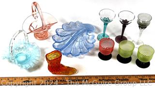 Art Glass Including Fenton Art Glass Baskets, Boot and Bimini Swirl Cordial Glasses