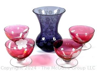 Etched Glassware Including Violet Vase and Four (4) Cranberry Footed Compotes