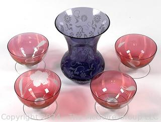 Etched Glassware Including Violet Vase and Four (4) Cranberry Footed Compotes