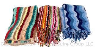 Three (3) Retro Bright Hand Knit Throws or Blankets