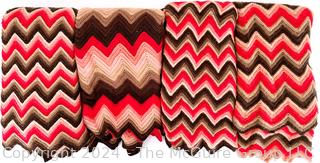 Three (3) Retro Pink & Brown Hand Knit Zig Zag Afghan Throws or Blankets