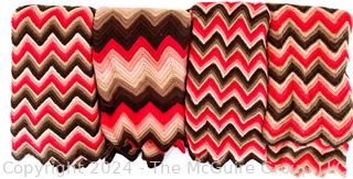 Three (3) Retro Pink & Brown Hand Knit Zig Zag Afghan Throws or Blankets