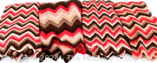 Three (3) Retro Pink & Brown Hand Knit Zig Zag Afghan Throws or Blankets