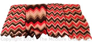 Three (3) Retro Pink & Brown Hand Knit Zig Zag Afghan Throws or Blankets