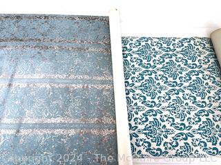 Two (2) Remnants of 1970s Foil & Flocked Wallpaper in Blues.