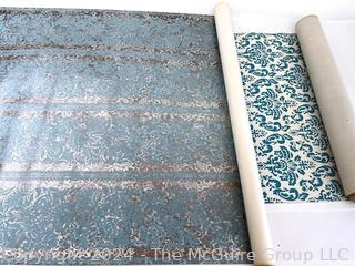 Two (2) Remnants of 1970s Foil & Flocked Wallpaper in Blues.