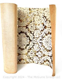 Roll of 1970s Gold Foil & Flocked Wallpaper. 26 1/2" wide.