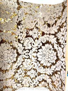 Roll of 1970s Gold Foil & Flocked Wallpaper. 26 1/2" wide.