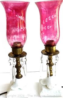 Set of Two (2) Milk Glass Table Lamps with Crystal Prisms and Etched Ruby Glass Shades. 15" Tall