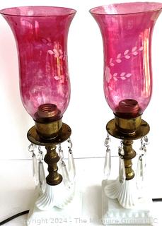 Set of Two (2) Milk Glass Table Lamps with Crystal Prisms and Etched Ruby Glass Shades. 15" Tall