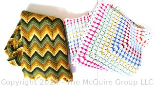 Two (2) Retro Hand Knit Zig Zag Afghan Throws or Blankets