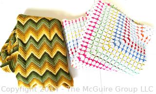 Two (2) Retro Hand Knit Zig Zag Afghan Throws or Blankets