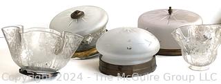 Five (5) Mid Century Glass Ceiling Lights and Etched Lamp Shades