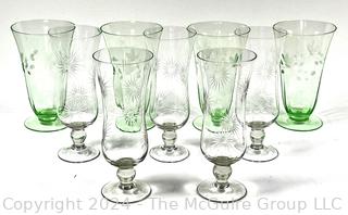 Nine (9) Etched Crystal Clear and Green Glass Goblets