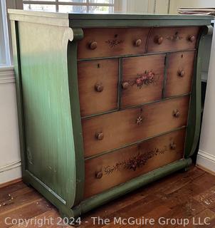 Folk Art Painted Oak Sleigh Dresser or Chest of Drawers with Center Cabinet.   Measures 39w x 23d x 40.5h"