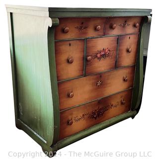 Folk Art Painted Oak Sleigh Dresser or Chest of Drawers with Center Cabinet.   Measures 39w x 23d x 40.5h"