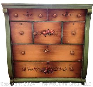 Folk Art Painted Oak Sleigh Dresser or Chest of Drawers with Center Cabinet.   Measures 39w x 23d x 40.5h"