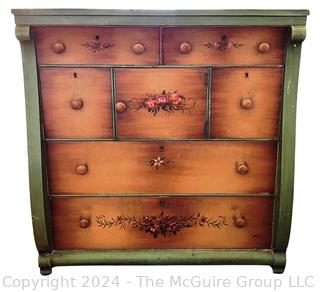 Folk Art Painted Oak Sleigh Dresser or Chest of Drawers with Center Cabinet.   Measures 39w x 23d x 40.5h"