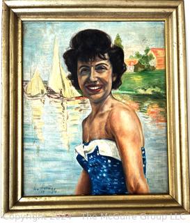 Gilt Framed Original Oil on Canvas Portrait of Woman By The Seashore Signed by Artist Hermes 1954. 24" x 27"