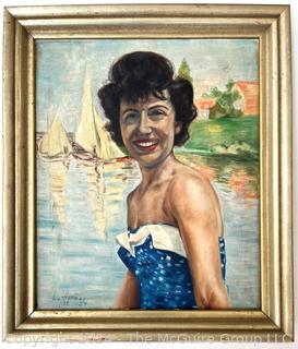 Gilt Framed Original Oil on Canvas Portrait of Woman By The Seashore Signed by Artist Hermes 1954. 24" x 27"