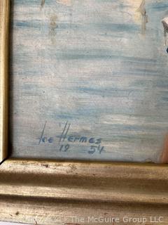 Gilt Framed Original Oil on Canvas Portrait of Woman By The Seashore Signed by Artist Hermes 1954. 24" x 27"